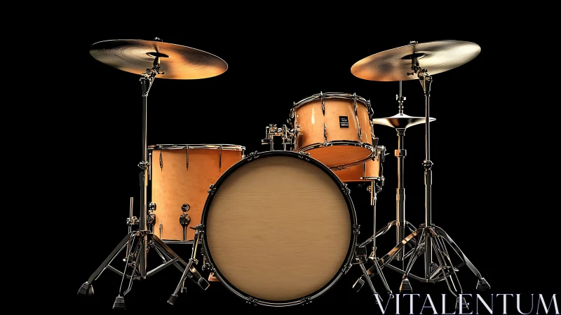 Classic wooden drum kit stands under dramatic studio lighting.