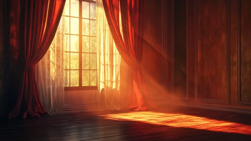 Sunlit velvet drapery framing window in warm interior glow.