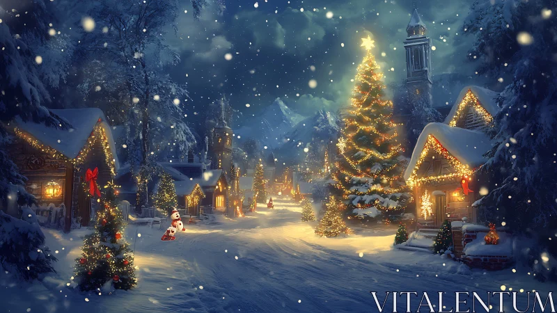 Snowy Christmas village street under glowing festive lights.