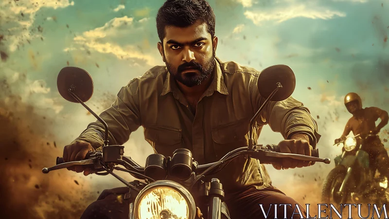 Intense biker charge through dust storm action scene.