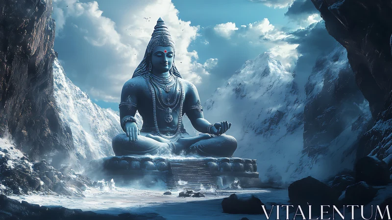 Shiva statue dominates icy Himalayan valley in blue light.