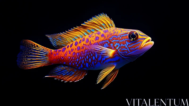 Neon tropical reef fish portrait on pure black background