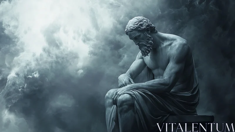 Classical marble philosopher amid stormlit atmospheric void