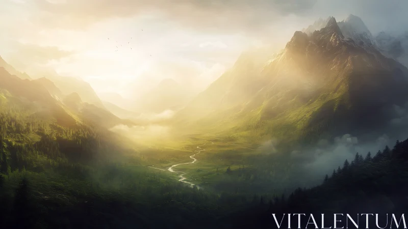 Digital painting of luminous alpine valley with misted peaks.