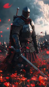 Armored crusader in poppy field under stormlit battle sky.
