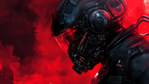 Bold sci fi soldier in black armor walks through red smoke
