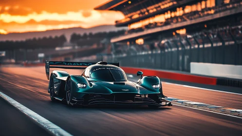 Sunset track run lets a sleek green race car shine bright
