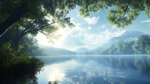 Gentle morning light over a calm forest lake and soft hills.