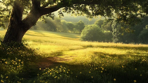 Golden meadow path glows softly beneath a sheltering oak