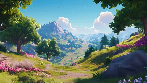 Sunlit stylized valley landscape recedes toward distant peaks