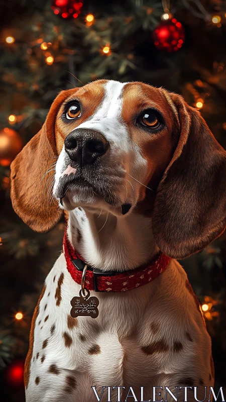Beagle dog in red collar under warm Christmas lights.