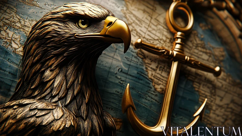 Bronze eagle sculpture and polished anchor overlay nautical chart