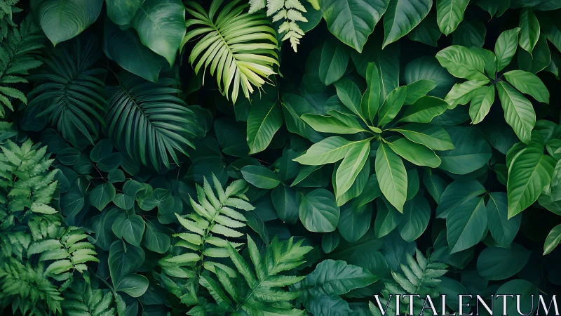 Dense arrangement of layered tropical foliage in green tones.