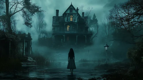 Lonely figure approaching a misty, lantern-lit haunted house.