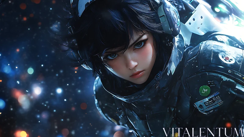 Armored space pilot portrait with luminous bokeh starfield