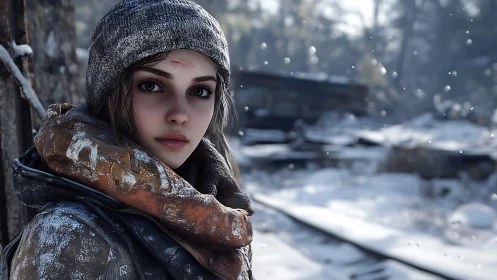 Young survivor in snowy rail yard rendered in photoreal detail