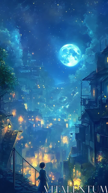 Child overlooks glowing hillside town under bright moon.
