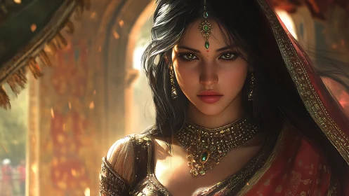 Digital portrait of woman in ornate attire and jewelry.