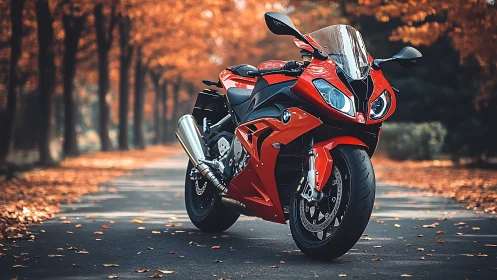 Red sport motorcycle on empty tree-lined autumn road.