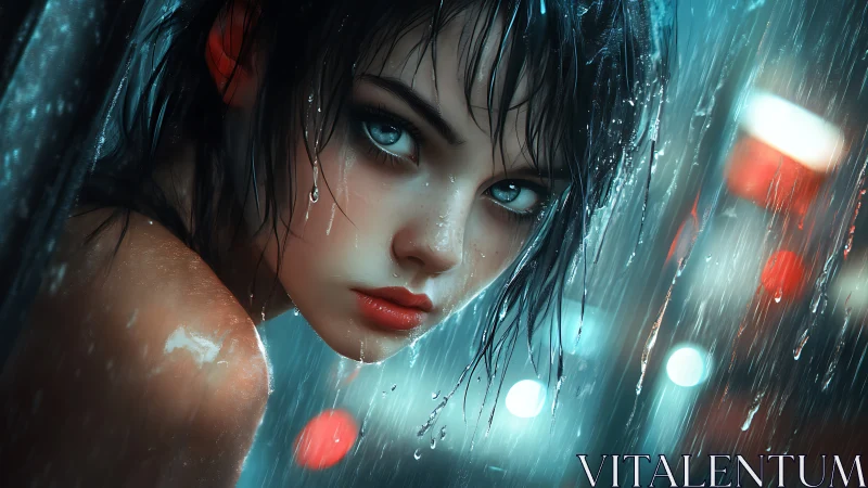 Rain-soaked woman gazes intensely through neon city storm.