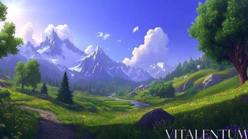 Sunlit alpine valley with river winding below snowy peaks.