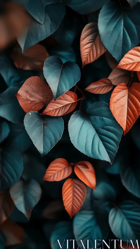 Teal and copper foliage pattern with shallow depth of field.