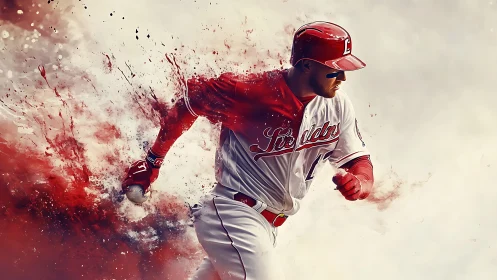 Dynamic digital painting of baseball runner in red motion.