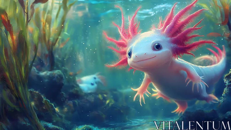 Digital axolotl gliding through luminous kelp forest.