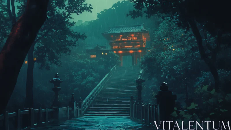 Rain-washed temple ascent aglow with lantern-lit mystery.