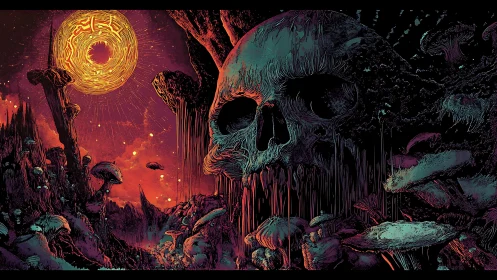 Bioluminescent fungal wasteland with eroded megastructure skull.