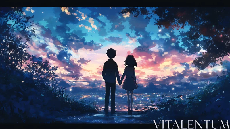 Backlit silhouettes observe saturated twilight skyline gradients