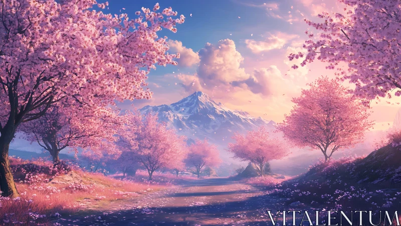 Gentle cherry blossom lane leading toward quiet snowy peaks.