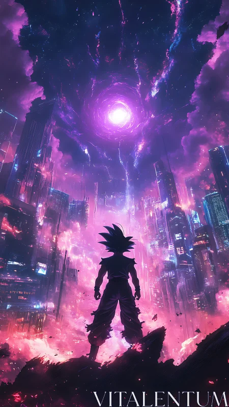 Silhouetted warrior under neon vortex above cityscape.