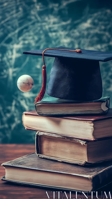 Graduation cap rests on vintage books in scholarly still life