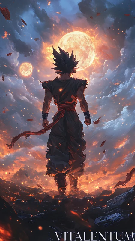 Warrior stands in volcanic landscape beneath burning moons