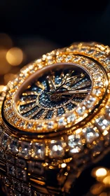 Macro view reveals diamond-encrusted gold luxury wristwatch dial