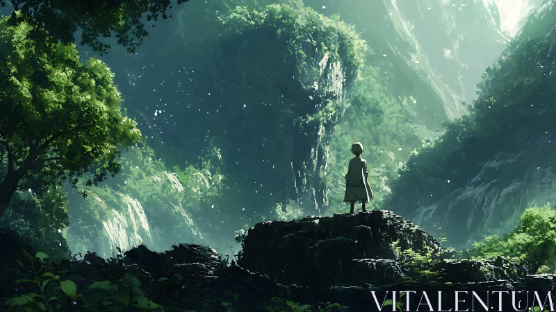 Young explorer gazing into a sunlit emerald canyon.