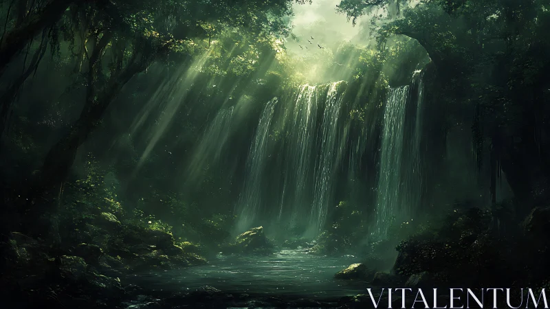 Luminous Cascade: Where Emerald Canopy Weeps Into Twilight Waters.