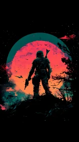 Lone armored soldier stands before neon eclipsed planet