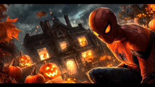 Digital painting of masked hero in Halloween gothic environment.