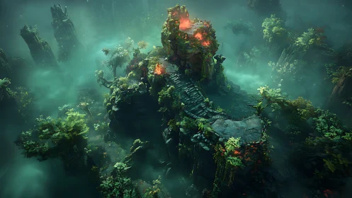 Overgrown Ruined Tower With Glowing Fire Vents in Misty Jungle