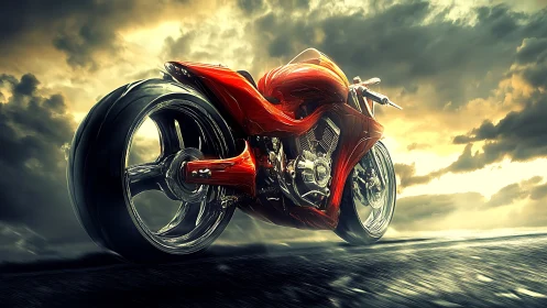 Streamlined red concept motorcycle on dramatic roadway sky.
