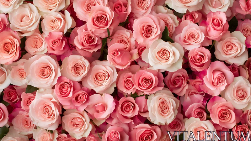 Dense cluster of fresh pink and cream roses at full bloom stage.