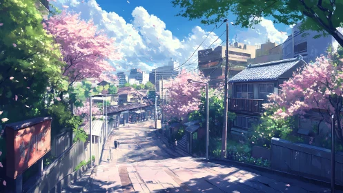 Sunlit sakura hillside street draped in pastel spring calm.