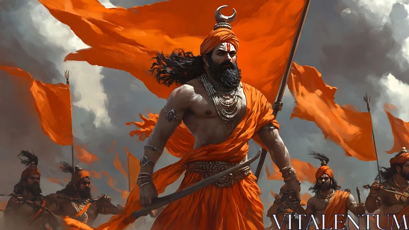 Warrior ascetic leading saffron-bannered battle charge.