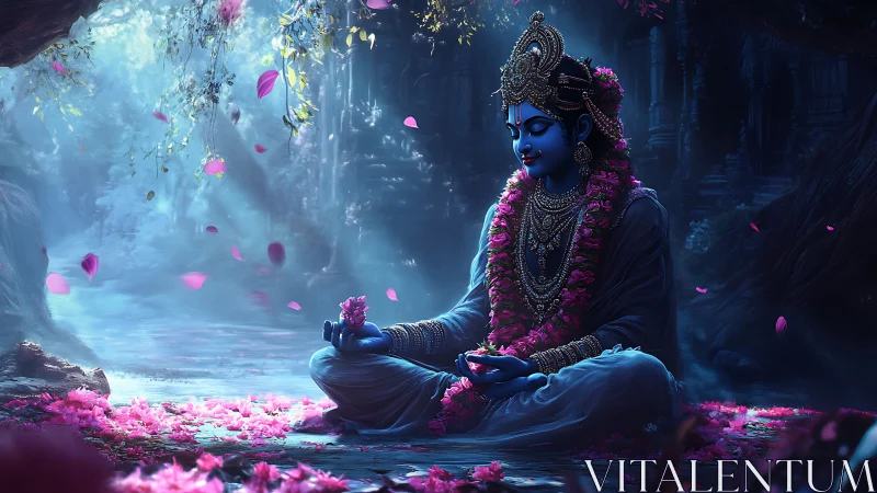 Blue divine figure meditating in flower strewn forest.