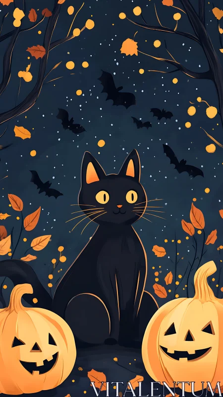 Black Cat with Golden Eyes Surrounded by Halloween Pumpkins