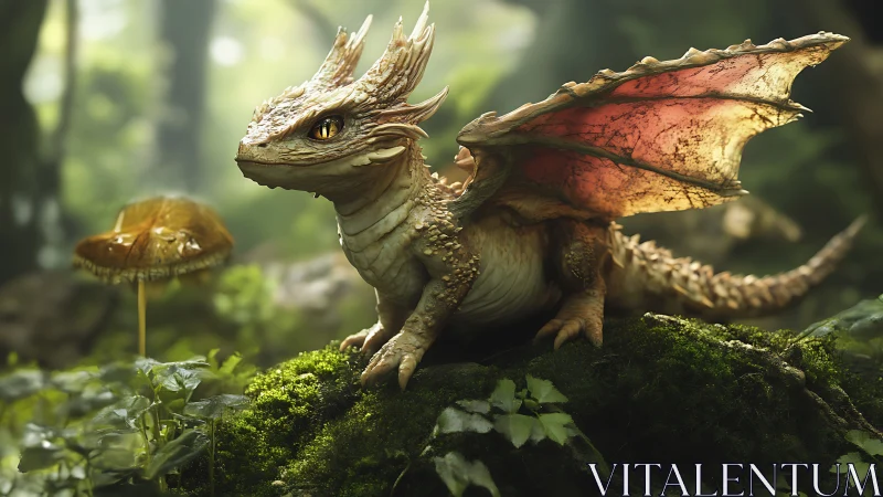 Young forest dragon rests alert on mossy log in sunlight