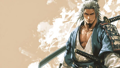 Stoic samurai warrior with swords on textured backdrop.
