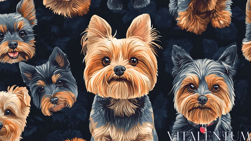 Curious Yorkshire terrier faces in a cozy patterned crowd.